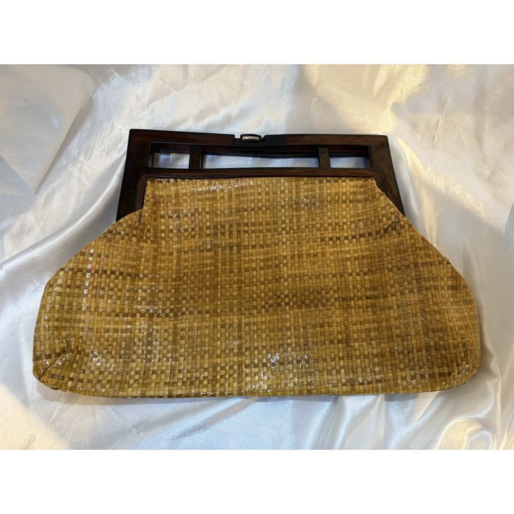 Vintage Delill purse Woven Plastic Brown Kiss Closure Made Italy Rare Unique
